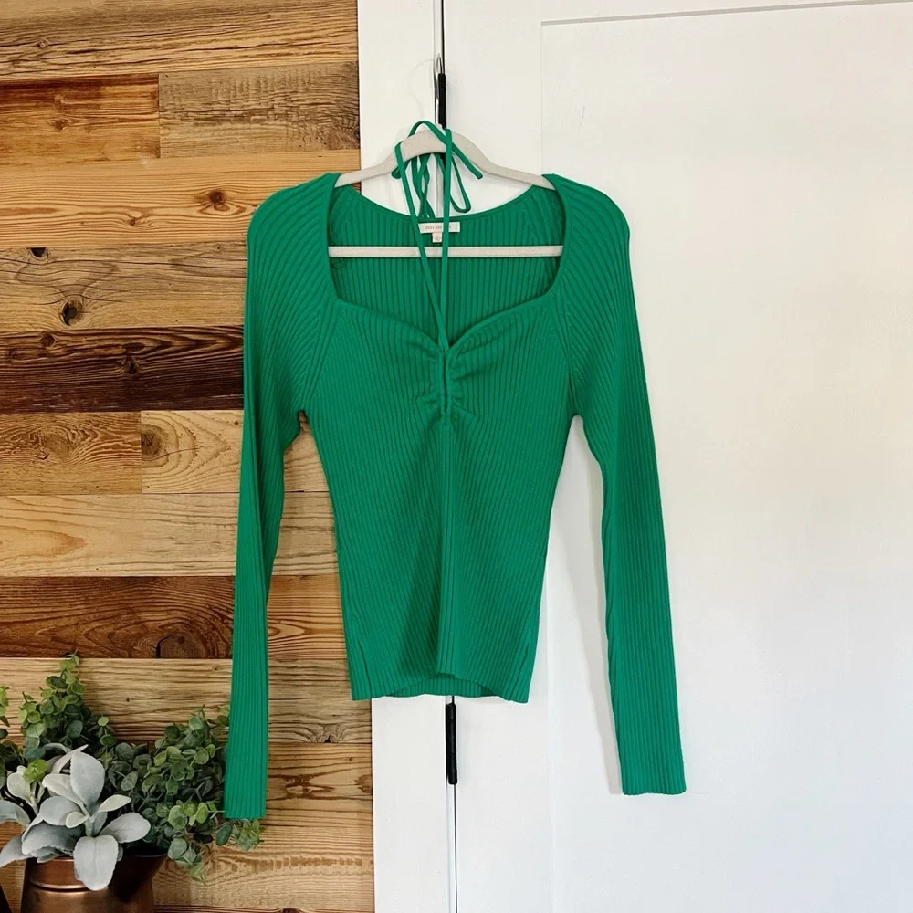 Skies are Blue Sweetheart Neck Tie Jade Green Ribbed Sweater
